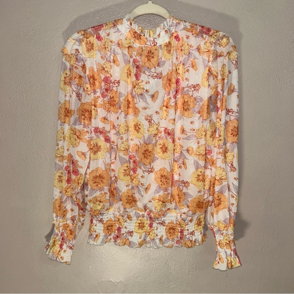 Floral Smocked ruffle sleeves Blouse - Orange and Cream - Picture 2 of 4